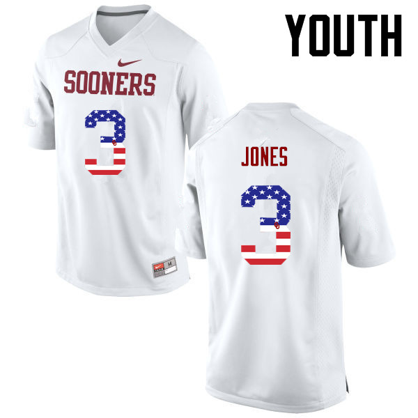 Youth Oklahoma Sooners #3 Mykel Jones College Football USA Flag Fashion Jerseys-White - Click Image to Close